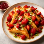 Shahi tukda gyümölcsökkel tálalva, pirított kenyér szeletekkel és friss gyümölcsökkel díszítve