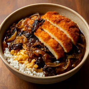 Friss és gazdag Shio kombu hínárral töltött katsudon, rizzsel tálalva