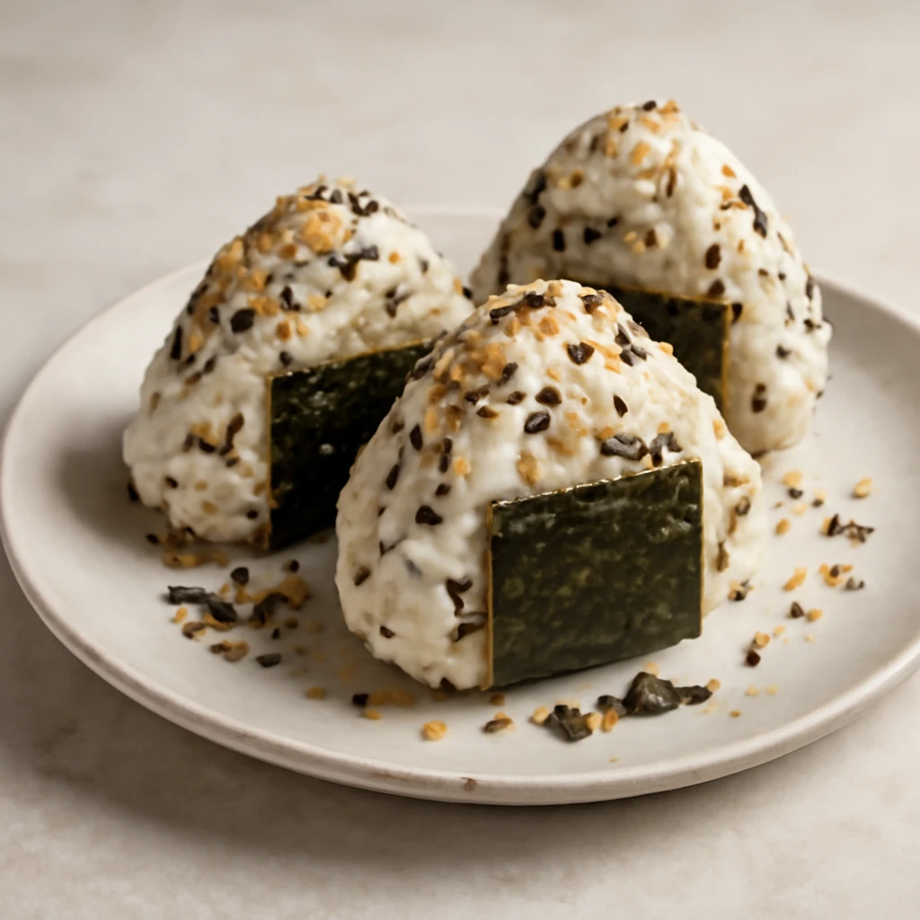 Japán onigiri rizses golyók tengeri alga és szezámmag díszítéssel