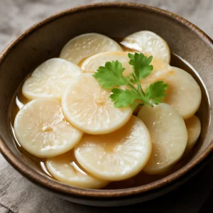 Savanyított retek, friss korianderrel díszítve