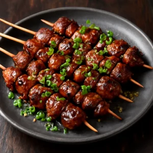 Fűszeres, grillezett csirke belsőségek yakitori szósszal, szezámmaggal és friss zöldhagymával tálalva