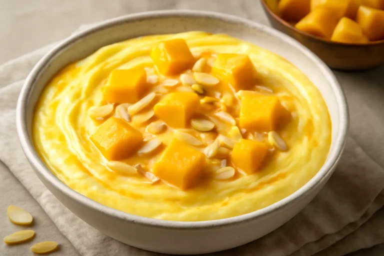 Shrikhand mangóval, friss mangódarabokkal, mandulával díszítve