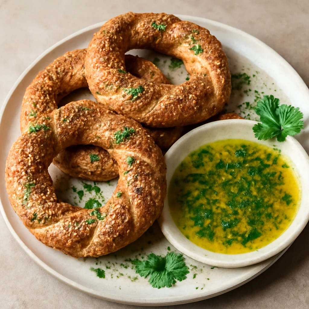 Friss, ropogós simit, fűszeres olívaolajjal tálalva