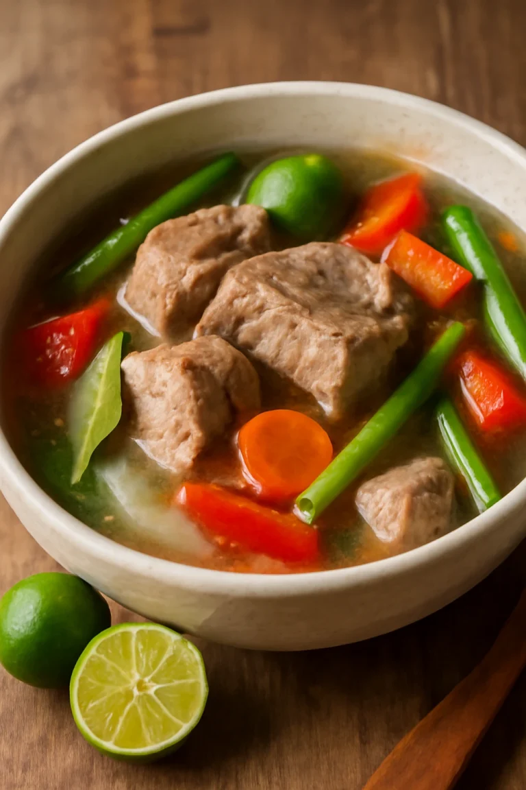 Sinigang hússal tálalva, gazdag zöldségekkel és friss kalamansi