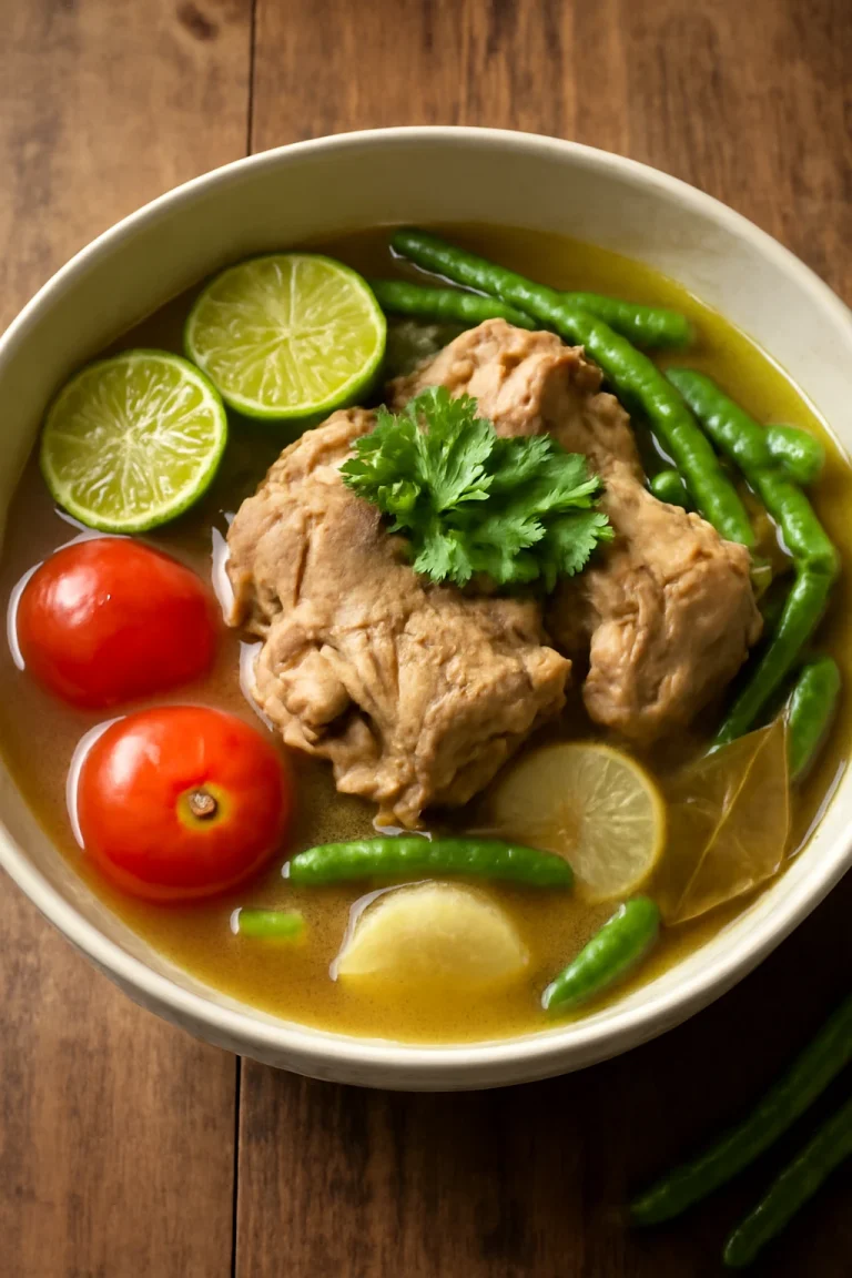 Sinigang sertéshússal, friss korianderrel díszítve