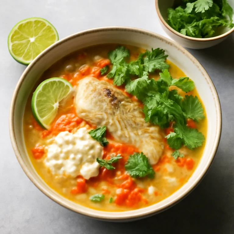 Sinigang túrós, hal és zöldségek egy tálban, friss korianderrel és limónádéval díszítve