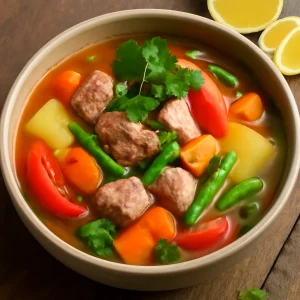 Filippínó sinigang leves zöldségekkel, friss korianderrel és citrommal