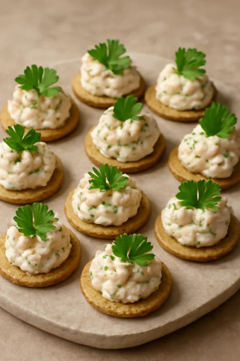 Skagenröra mini krékerre tálalva, friss petrezselyem díszítéssel