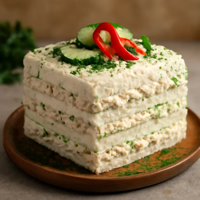 Smörgåstårta csirkés majonézes töltelékkel, zöldfűszerekkel díszítve