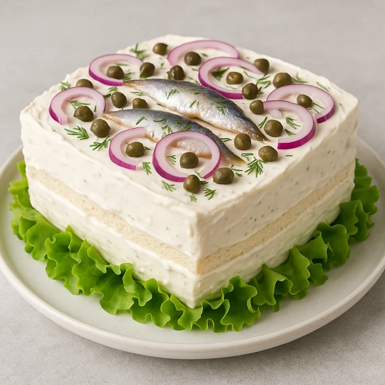 Smörgåstårta füstölt heringgel, kapribogyóval és salátával díszítve