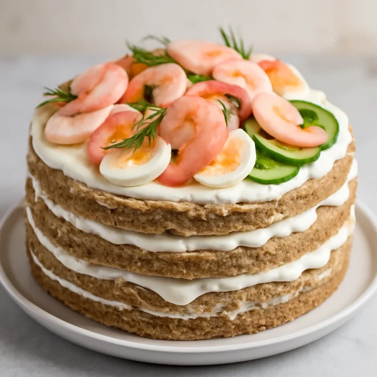 Smörgåstårta garnélával és tojással, friss zöldségekkel díszítve