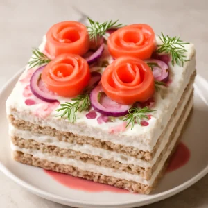 Skandináv étel, lazacrózsákkal díszítve