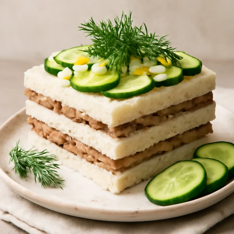 Smörgåstårta májpástétommal és uborkával, friss kaporral díszítve.