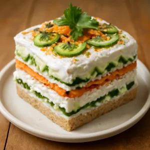 Friss, vegán smörgåstårta pürésített burgonyával, zöldségekkel és korianderrel díszítve