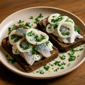 Dán Smørrebrød heringgel és friss hagymával, tejfölös szósszal