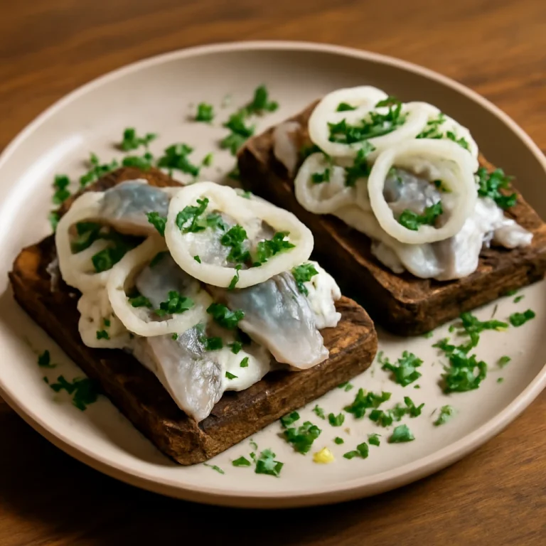 Smørrebrød heringgel és hagymával, friss petrezselyemmel tálalva