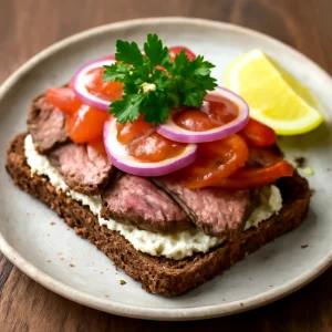 Skandináv smørrebrød sült marhahússal, tormával és füstölt lazaccal