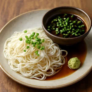 Friss japán somen tészta tsuyu mártással, friss zöldhagymával