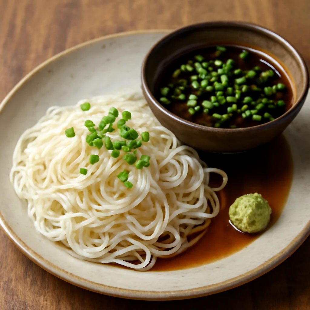 Friss japán somen tészta tsuyu mártással, friss zöldhagymával