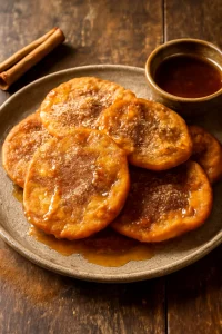 Chilei édesség sopaipilla mézzel, fahéjjal és cukorral tálalva