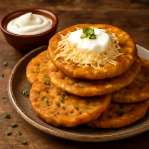 Sós sopaipilla reszelt sajttal és tejföllel tálalva