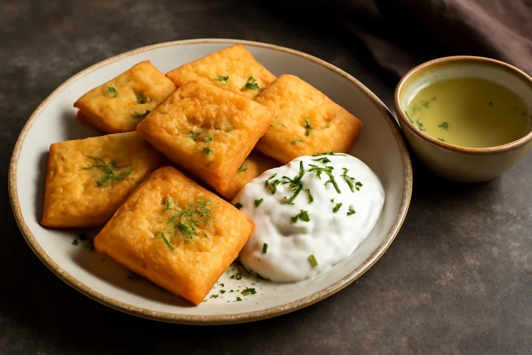 Sopaipilla chilena sósan tejföllel és zöldfűszerekkel tálalva