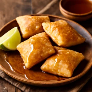 Mexikói sopaipilla mézzel és lime-lével tálalva
