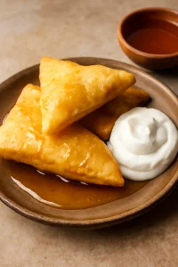 Ropogós gluténmentes sopaipilla tejföllel és mézzel tálalva