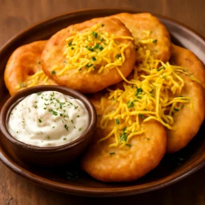 Sós sopaipilla reszelt sajttal és tejföllel tálalva