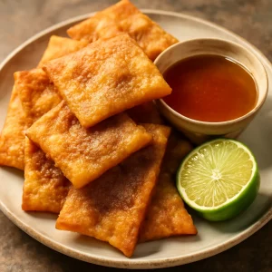 Mexikói sopaipilla mézzel és lime-lével tálalva