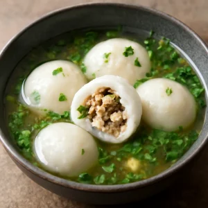 Kínai Tangyuan, földimogyorós töltelékkel, korianderrel tálalva