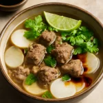 Soto Bandung, marhahúsleves friss retkkel és szójaszószjal