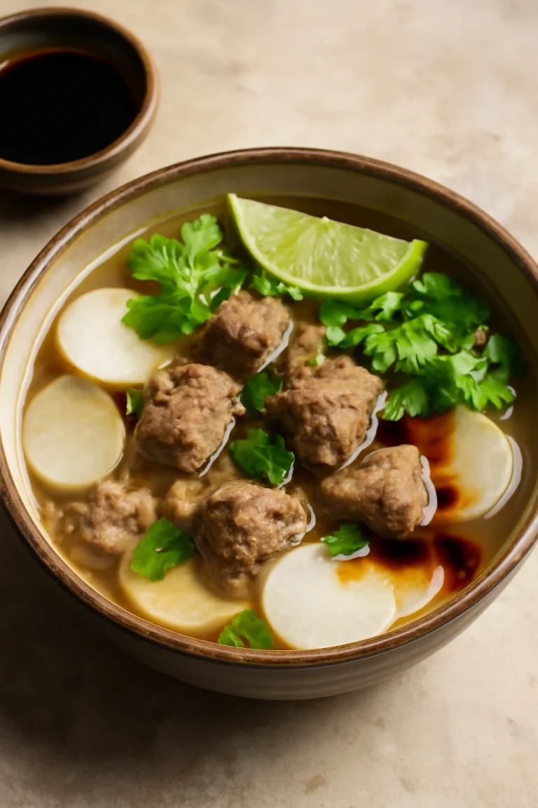 Soto Bandung, marhahúsleves friss retkkel és szójaszószjal