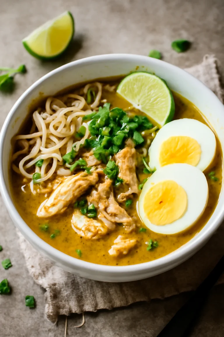 Soto ayam csírával tálalva, lime szeletekkel és zöldhagymával