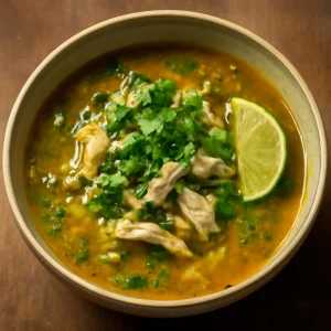 Kókusztejes soto ayam, friss korianderrel tálalva