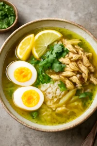 Ínycsiklandó soto ayam rizzsel, friss fűszerekkel és csirkehússal tálalva