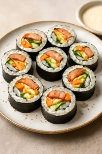 Koreai Spam gimbap, friss zöldségekkel és szezámmaggal