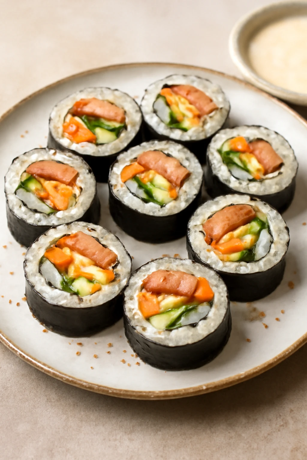 Koreai Spam gimbap, friss zÃ¶ldsÃ©gekkel Ã©s szezÃ¡mmaggal