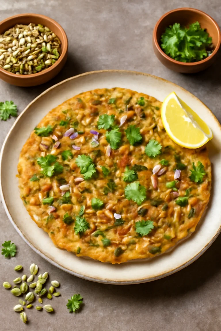 Sprouted Moong Chilla, friss korianderrel tálalva