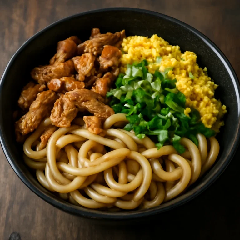Stamina udon tál tojással és hússal, friss zöldhagymával
