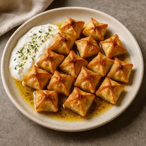 Aranybarna sült manti fokhagymás joghurttal