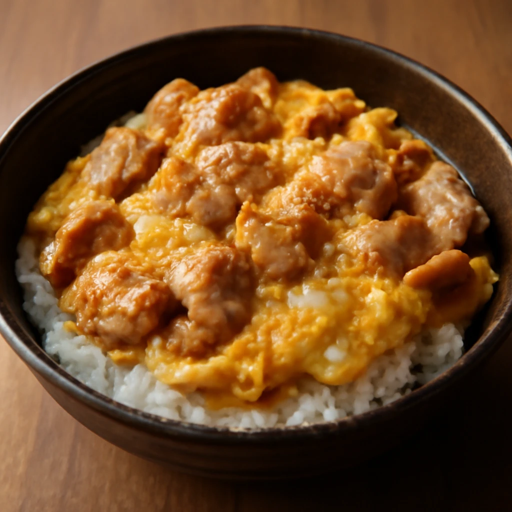 Ínycsiklandó japán Oyakodon csirkehússal és tojással tálalva