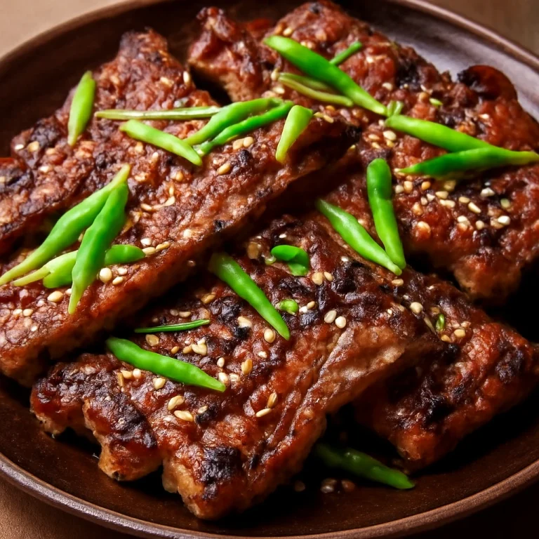Sült galbi, póréhagymával és szezámmaggal tálalva