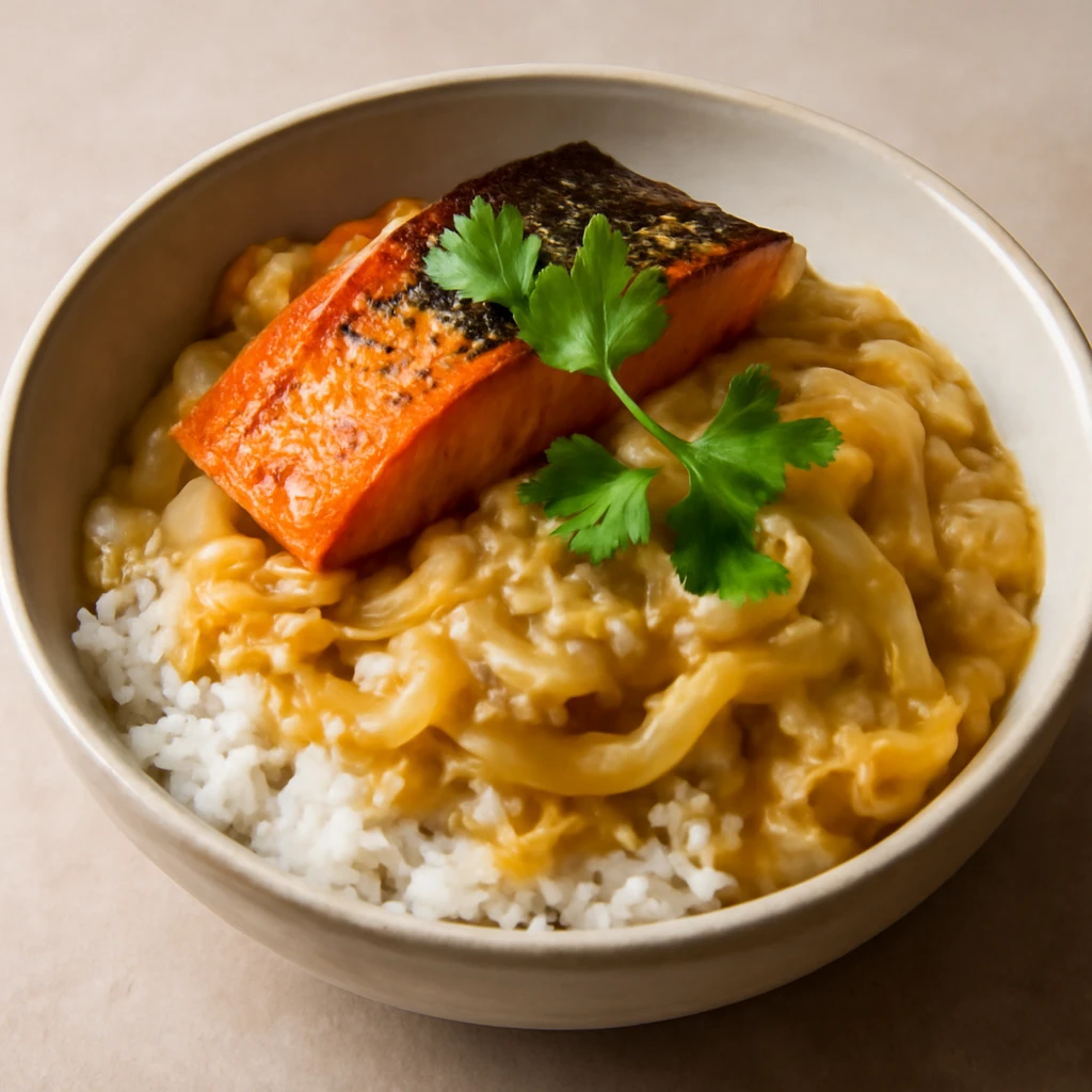 Sült lazacos Oyakodon, japán étel tojással és lazaccal