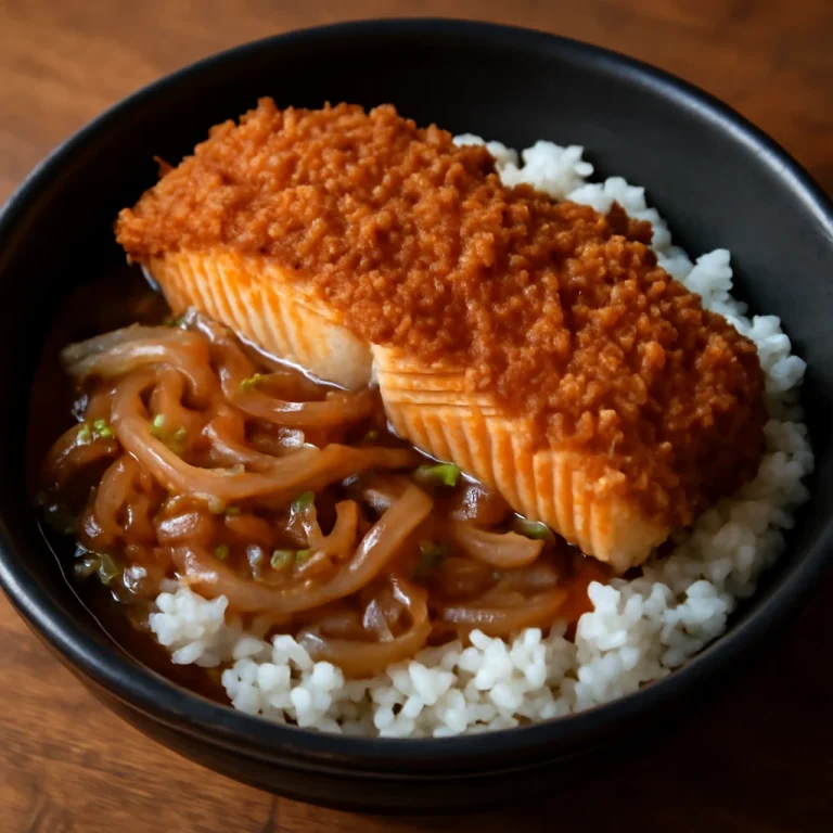 Sült lazacos katsudon, rizs, szójaszószos hagymás öntettel tálalva
