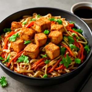 Vegán sült tofu rizstésztával és friss zöldségekkel