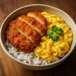 Sült tojásos katsudon, ropogós csirkével és tojással tálalva
