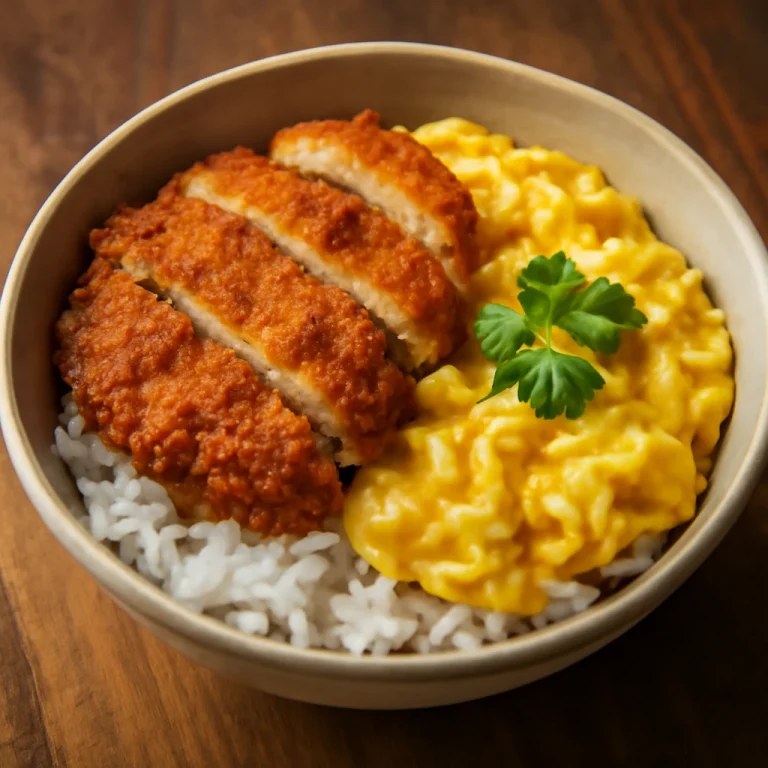 Sült tojásos katsudon, ropogós csirkével és tojással tálalva
