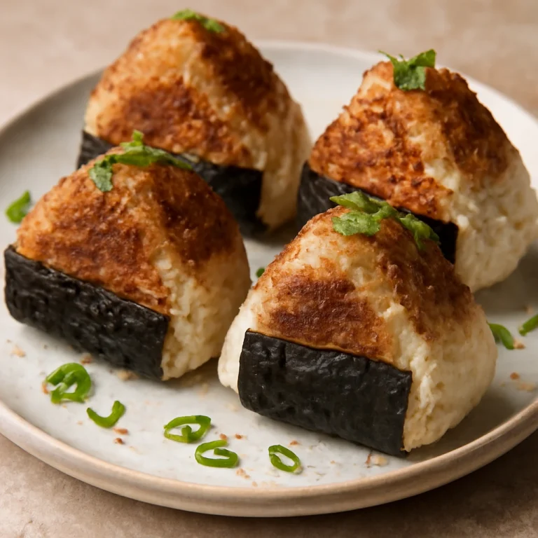Sült tojásos onigiri, nori algával tálalva