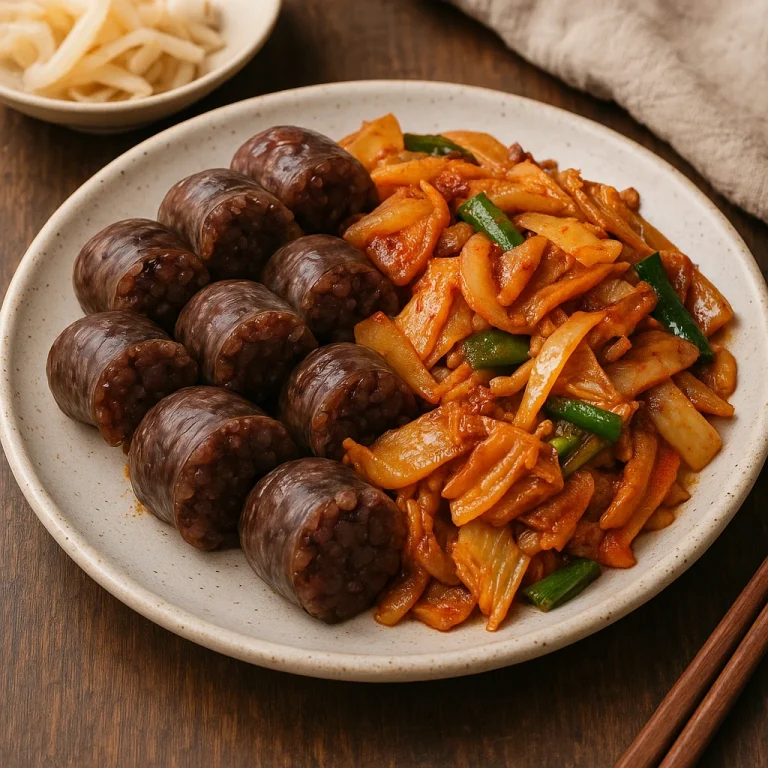 Sundae bokkeum koreai hurkával és csípős zöldségekkel tálalva